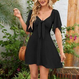 Women's V-neck Bow Tie Short Sleeve Mini Dress